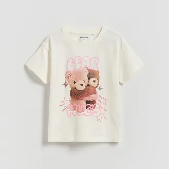 Dětská móda Reserved - Bavlněné tričko s potiskem - krémová - 875GB-01X - 875GB-01X-158