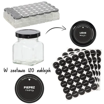 Sklenice SADA 24 ČTVEREČNÍCH SKLENIC 120 ML FI 53 + SADA 120 SAMOLEPEK S KOŘENÍM BAL=24 KS *6612