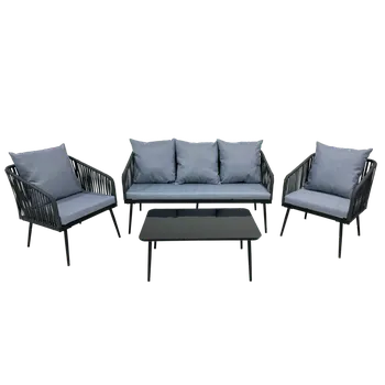 Zahradní sestava ZAHRADNÍ NÁBYTEK Z PLETENÉHO PROVAZU (2 KŘESLA + POHOVKA + STŮL) - ANTRACIT, POLŠTÁŘE - ŠEDÉ *85