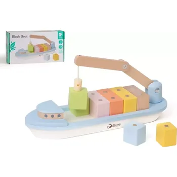 Dřevěná hračka Loď kontejnerová s jeřábem 13ks dřevo 28cm s doplňky 24m+