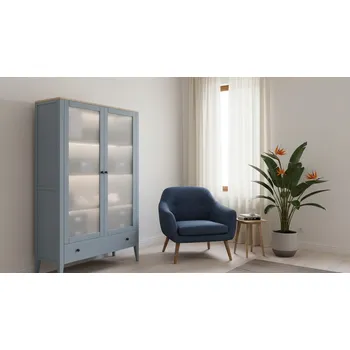 Knihovna Buková vitrína ROMA SST4 šedomodrá Dvířka: Dvířka - čiré sklo, Úchyty: úchyt - černá