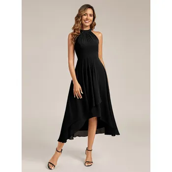 Dámské šaty Svatební šaty bez rukávů s obojkem midi asymetrické Barva: Černá, Velikost: 4XL