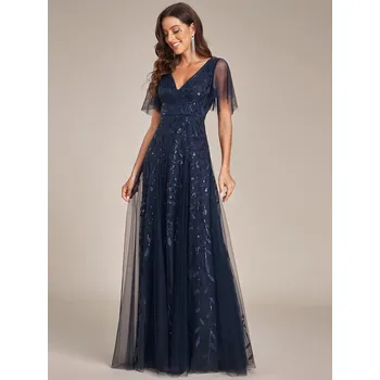 Dámské šaty Večerní šaty, dvojitý hluboký výstřih do V a volánové rukávy Barva: Tmavě Modrá, Velikost: 6XL