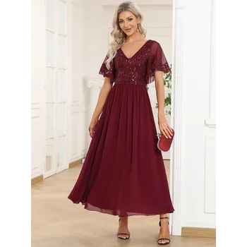 Dámské šaty Svatební šaty s výstřihem do V a krátkými volánovými rukávy Barva: Bordová, Velikost: 7XL
