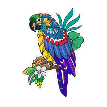 Samolepicí dekorace na vozidlo Barevný papoušek 007 levá ornamenty (7,1 x 10) SAMOLEPKA NA AUTO, NÁLEPKA, FÓLIE, POLEP, TUNING, VLASTNÍ TEXT, TISK, AUTOSAMOLEPKY.cz, POLEPY, OBRÁZEK, LOGO, 3D STICKERS