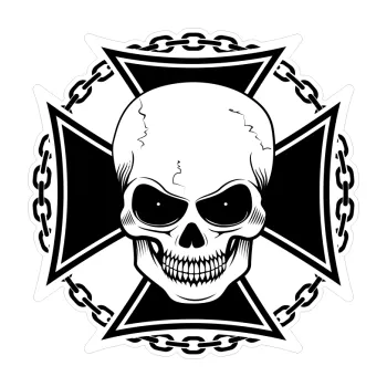 Polep vozidla Barevná lebka 174 maltézský kříž a řetěz černobílá (5 x 5) SAMOLEPKA NA AUTO, NÁLEPKA, FÓLIE, POLEP, TUNING, VLASTNÍ TEXT, TISK, AUTOSAMOLEPKY.cz, POLEPY, OBRÁZEK, LOGO, 3D STICKERS