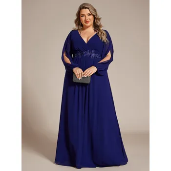 Dámské šaty Dlouhé šaty s obálkovým výstřihem a průstřihy na rukávech Barva: Modrá, Velikost: 5XL