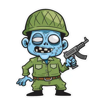 Polep vozidla SAMOLEPKA Barevný zombík 010 pravá voják se samopalem (12,6 x 15) NA AUTO, NÁLEPKA, FÓLIE, POLEP, TUNING, VLASTNÍ TEXT, TISK, AUTOSAMOLEPKY.cz, POLEPY, OBRÁZEK, LOGO, SAMOLEPKY