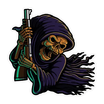 Polep vozidla SAMOLEPKA Barevná smrtka 033 pravá se samopalem (39,7 x 40) NA AUTO, NÁLEPKA, FÓLIE, POLEP, TUNING, VLASTNÍ TEXT, TISK, AUTOSAMOLEPKY.cz, POLEPY, OBRÁZEK, LOGO, SAMOLEPKY