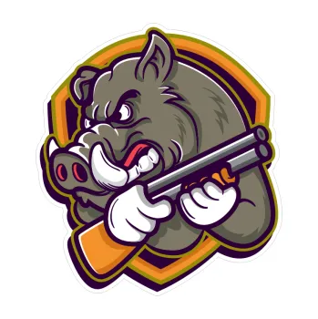 Samolepicí dekorace na vozidlo Barevný divočák 010 levá lovec s puškou (4,5 x 5) SAMOLEPKA NA AUTO, NÁLEPKA, FÓLIE, POLEP, TUNING, VLASTNÍ TEXT, TISK, AUTOSAMOLEPKY.cz, POLEPY, OBRÁZEK, LOGO, 3D STICKERS