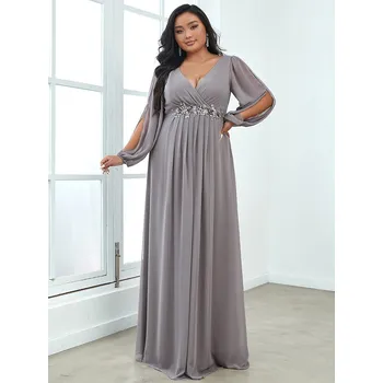 Dámské šaty Dlouhé šaty s obálkovým výstřihem a průstřihy na rukávech Barva: Šedá, Velikost: 9XL