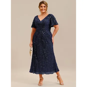 Dámské šaty Plesové šaty s flitry a výstřihem do V midi Barva: Tmavě Modrá, Velikost: 7XL
