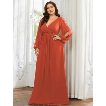 Dámské šaty Dlouhé šaty s obálkovým výstřihem a průstřihy na rukávech Barva: Oranžová, Velikost: 5XL