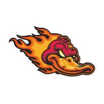 Samolepicí dekorace na vozidlo Barevný kačer 002 pravá s plameny (10 x 6) SAMOLEPKA NA AUTO, NÁLEPKA, FÓLIE, POLEP, TUNING, VLASTNÍ TEXT, TISK, AUTOSAMOLEPKY.cz, POLEPY, OBRÁZEK, LOGO, 3D STICKERS