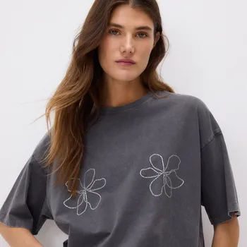 Dámské tričko Reserved - Tričko s třpytivým zdobením - tmavě šedá - YU442-90X - YU442-90X-S