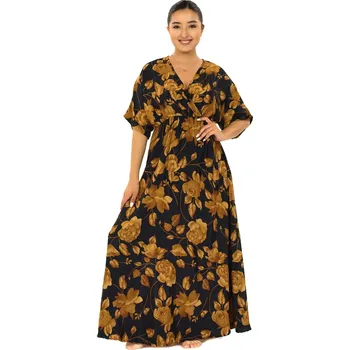 Dámské šaty Himalife Dlouhé maxi šaty s krátkým rukávem Laila - černá se zlatou Velikost: XXL/3XL - Móda pro plnoštíhlé, Oblečení nadměrné velikosti