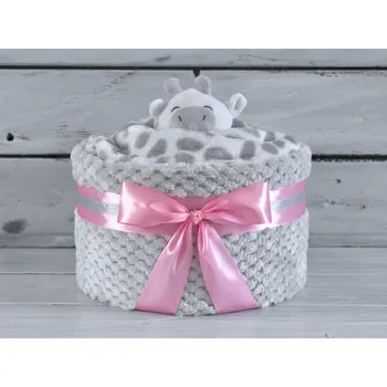 plenkový dort dortNEdort jednopatrový plenkový dort VII. 6 ks Pampers Premium Care, usínáček, produkty Mimijo Šedá deka, růžová mašle, náplň pro holčičku 330_MIM16