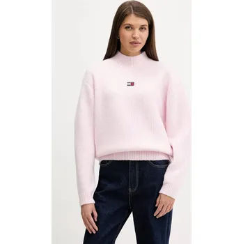 Dámský svetr Svetr z vlněné směsi Tommy Jeans dámský, růžová barva, s pologolfem, DW0DW22109 03X, vel. XL