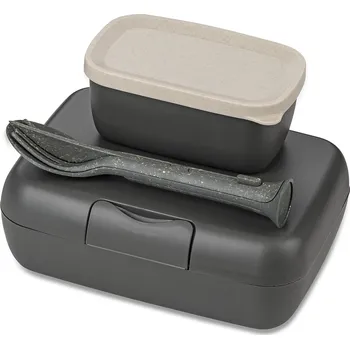 Svačinový box Koziol Svačinový box s přepážkami CANDY READY + sada příborů, 4dílný, KOZIOL, nature ash grey