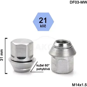 Matice na kolo Kolová matice M14x1,5 kužel zavřená pohyblivá, klíč 21