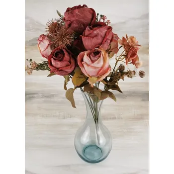 umělá květina Umělá kytice růže / bodláky / hortenzie 33 x 23 cm - tmavě růžová