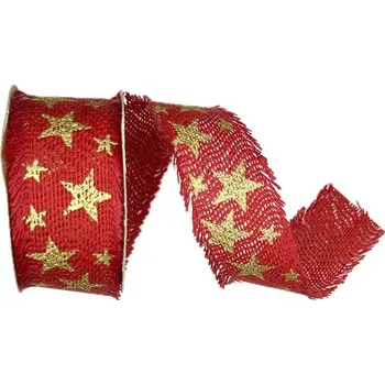 Stuha Stuha vánoční jutová JUTA STARSHINE RED červená 40mm x 2m (17,-Kč/m) (Vánoční stuha jutová, červená, juta, jednostranný potisk, glitrový efekt hvězd, bez vlasce a drátku)