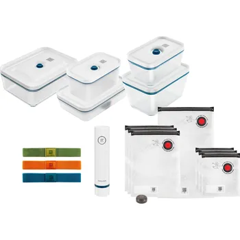 Dóza na potraviny Zwilling, Vakuové nádoby Zwilling Fresh & Save sklo a plast s pytlíky a pumpičkou M/L modrozelené 16 dílů - Formadore