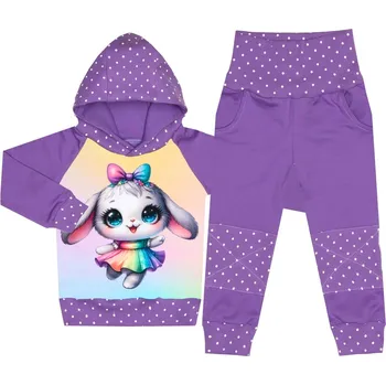 Tepláková souprava - Puntík fialová - králíček (kapuca) Velikost: 92