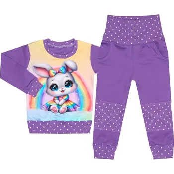 Tepláková souprava - Puntík fialová - králíček s duhou (bez kapuce) Velikost: 86