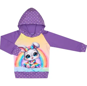 Kojenecké oblečení Mikina s kapucí - Puntík fialová - králíček s duhou Velikost: 116