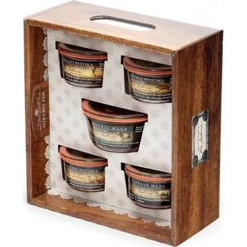 Dárkový potravinový koš Dárková sada 5 ks, Via Delicia Farmářská bedýnka samé maso, papírová kazeta