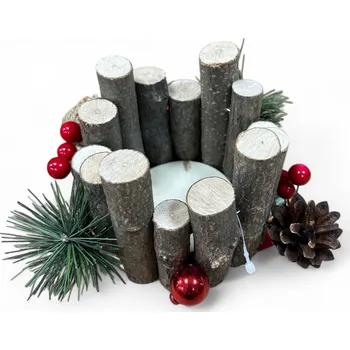 Vánoční dekorace Vánoční dřevěný svícen s ozdobami (15x9 cm) Barva: Červená