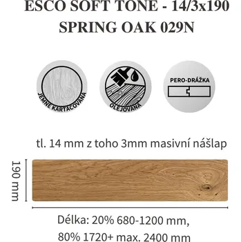 dřevěná podlaha Dřevěná třívrstvá podlaha ESCO SOFT TONE 029N Spring oak Rozměr: 14/3x190mm, Třída kvality: SUPERB (střední suky)