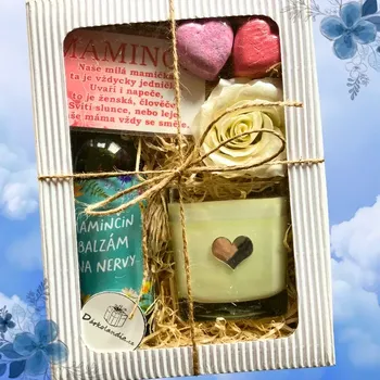 Dárkový potravinový koš Dárkový balíček pro maminku – mini víno, sojová svíčka a voňavé koupelové překvapení
