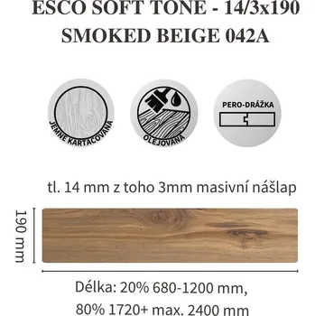 dřevěná podlaha Dřevěná třívrstvá podlaha ESCO SOFT TONE 042A Smoked beige Rozměr: 14/3x190mm, Třída kvality: ORIGINAL (velké suky)
