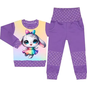 Tepláková souprava - Puntík fialová - králíček (bez kapuce) Velikost: 116