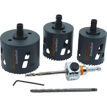 Pilová děrovka Mandrex | UltraXcut TCT Ø 60/68/83 mm – vrtací korunky se středicím vrtákem a unašečem