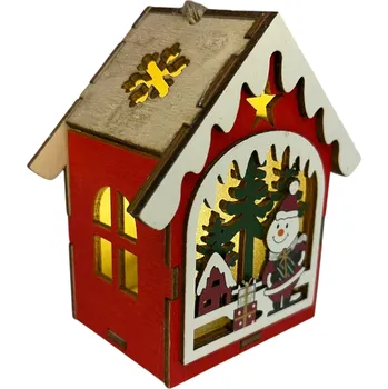 Vánoční ozdoba Vánoční LED závěsná dekorace na zavěšení - Domeček se sněhulákem (8x9x5 cm)
