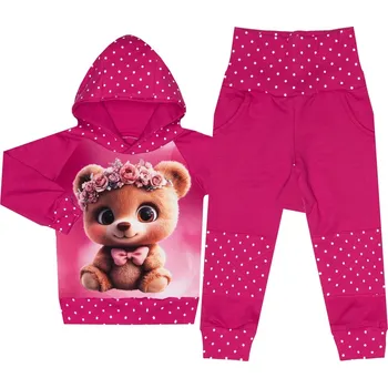 Tepláková souprava - Puntík fuchsie - medvídek (kapuca) Velikost: 86