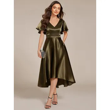 Dámské šaty Asymetrické saténové svatební šaty pro hosty Barva: Olivová, Velikost: 4XL