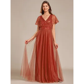 Dámské šaty Elegantní tylové šaty s výstřihem do V a volánky Barva: Oranžová, Velikost: 5XL