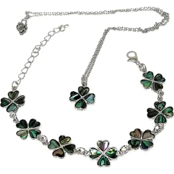 Přívěsek Paua Abalone sada čtyřlístek - náramek a přívěsek s řetízkem z chir.oceli