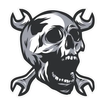 Polep vozidla SAMOLEPKA Barevná lebka 177 pravá zkřížené klíče mechanik (14,5 x 15) NA AUTO, NÁLEPKA, FÓLIE, POLEP, TUNING, VLASTNÍ TEXT, TISK, AUTOSAMOLEPKY.cz, POLEPY, OBRÁZEK, LOGO, SAMOLEPKY