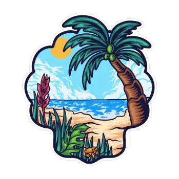 Polep vozidla SAMOLEPKA Barevná krajina moře 002 levá pláž a palmy (35 x 40) NA AUTO, NÁLEPKA, FÓLIE, POLEP, TUNING, VLASTNÍ TEXT, TISK, AUTOSAMOLEPKY.cz, POLEPY, OBRÁZEK, LOGO, SAMOLEPKY