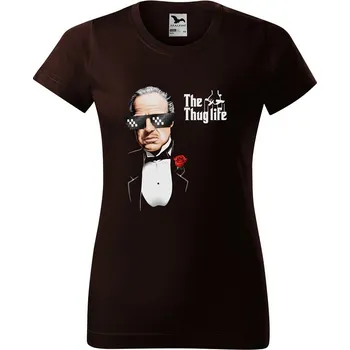 Dámské tričko levne-damske-bavlnene-tricko-potisk-kmotr-thug-life Velikost dámská trička Basic: M šířka 47, délka 63, Odstín dámské tričko Basic: Čokoládové