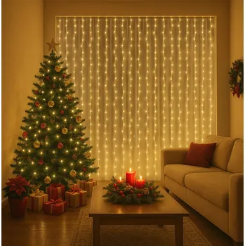 Vánoční světelná dekorace LED světelná clona 3x3 m - 300 LED - teplá bílá - USB - interiérová dekorace 300 LED/3X3m