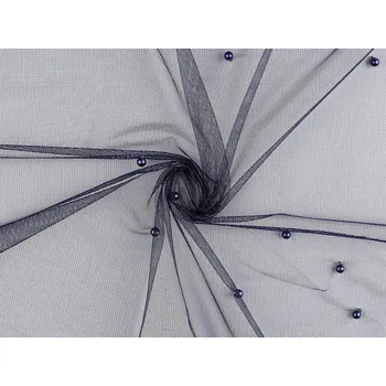 Tyl jemný s perlami modrá tmavá 1 m