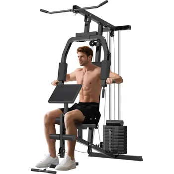 Posilovací věž HOMCOM Posilovací stanice pro domácí fitness s lat pull-down strojem, cable pull-down, krátkou bicepsovou tyčí, hrudním lisem, trenažérem nohou, motýlkovým strojem 45kg závaží Multifunkční fitness stanice černá