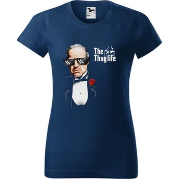 Dámské tričko levne-damske-bavlnene-tricko-potisk-kmotr-thug-life Velikost dámská trička Basic: S šířka 44, délka 60, Odstín dámské tričko Basic: Tmavě modré