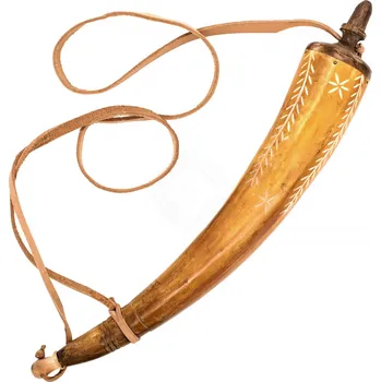 Replika zbraně Mythrojan Prachovnice z pravé rohoviny se zdobením a koženým řemenem – 18. století - Outlet